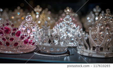 Assortment of sparkling crowns on display. 117610265