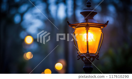 Old-fashioned lamp glowing at dusk. Old-fashioned lamp glowing at dusk. 117610290