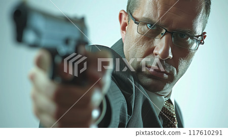 Man aiming a gun with focused gaze. Man aiming a gun with focused gaze. 117610291