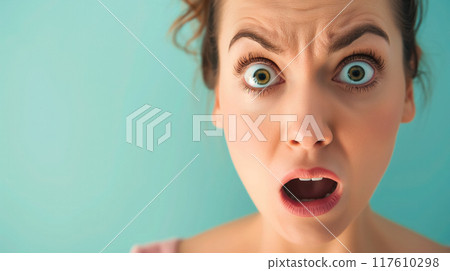 Woman with wide eyes in a shocked pose. Woman with wide eyes in a shocked pose. 117610298