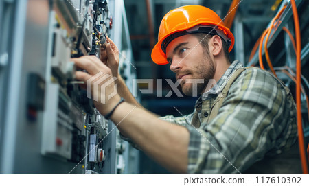 Electrician working on industrial panel. 117610302