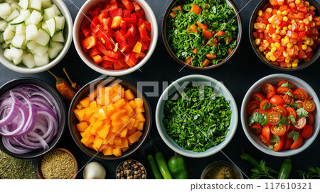 Various chopped vegetables in organized bowls. Various chopped vegetables in organized bowls. 117610321