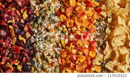 Assorted dried fruits and seeds on display. 117610322