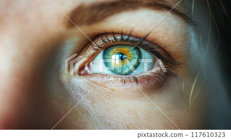Intense green eye in a macro photography shot. 117610323
