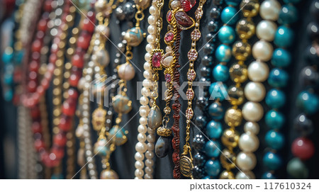 Assorted colorful necklaces on display. 117610324