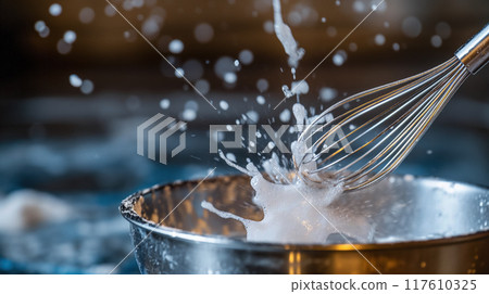 Whisk splashing in liquid with dynamic droplets. Whisk splashing in liquid with dynamic droplets. 117610325