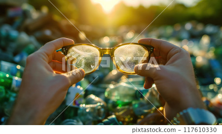 Hands holding dirty glasses against a landfill. Hands holding dirty glasses against a landfill. 117610330