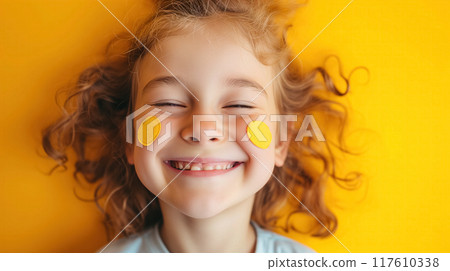 Happy child with stickers on face over yellow. Happy child with stickers on face over yellow. 117610338