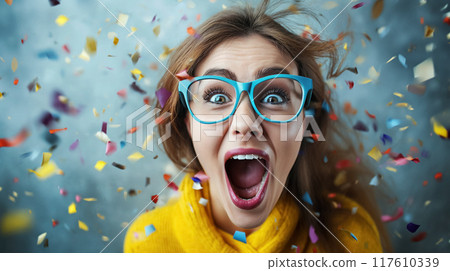 Excited woman with confetti in festive atmosphere. Excited woman with confetti in festive atmosphere. 117610339