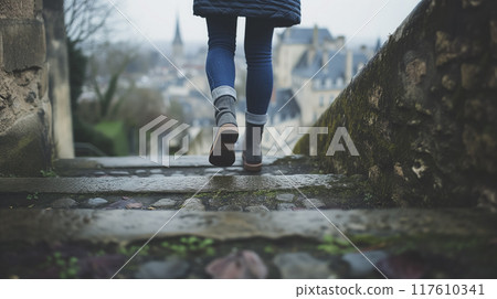 Person ascending historic stone steps in a city. 117610341