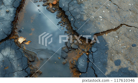 Cracked asphalt with a puddle and fallen leaves. Cracked asphalt with a puddle and fallen leaves. 117610346