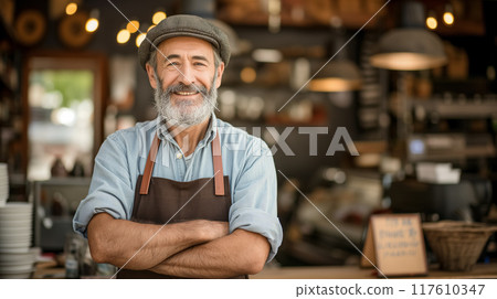 Cheerful barista standing in a cozy cafe setting. Cheerful barista standing in a cozy cafe setting. 117610347