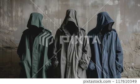 Three people in hoods against a grunge wall. Three people in hoods against a grunge wall. 117610349