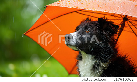 Dog under orange umbrella in the rain. Dog under orange umbrella in the rain. 117610362