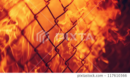Intense flames behind a chain-link fence. Intense flames behind a chain-link fence. 117610366