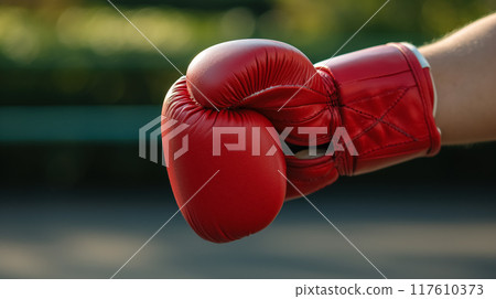 Red boxing glove ready for a fight in sunlight. 117610373