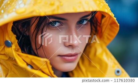 Woman in a yellow raincoat during a downpour. 117610380