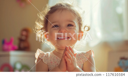 Joyful toddler clapping hands with a beaming smile. Joyful toddler clapping hands with a beaming smile. 117610384