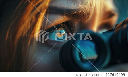 Close-up of an eye looking through a camera lens. 117610409