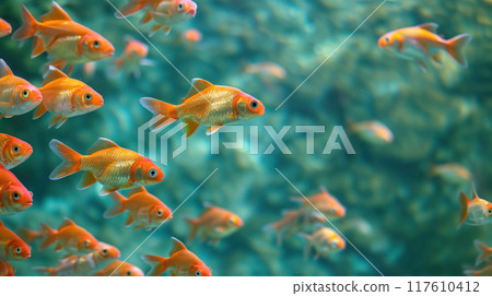 School of goldfish swimming in clear blue water. 117610412