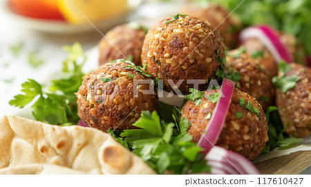 Delicious falafel balls on a fresh herb garnish. 117610427