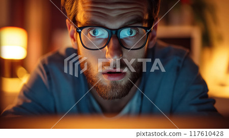 Shocked man staring at a computer screen. 117610428