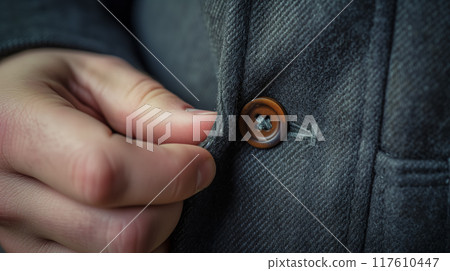 Close-up of a button on a coat. 117610447