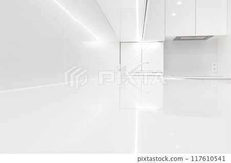 Empty white acrylic countertop with faucet, copy space 117610541