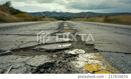 Damaged road with potholes and yellow line. 117610650