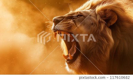 Lion roaring with a fiery background. 117610682