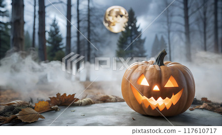 Eerie Moonlit Forest with Glowing Jack-o'-Lantern - Halloween Night Magic 117610717