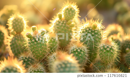 Cacti glowing in warm sunset light. 117610821