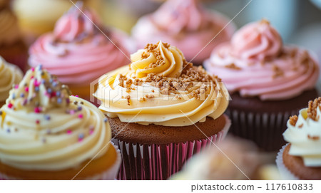 Assorted frosted cupcakes on display. 117610833