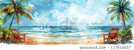 Watercolor painting of a chair under a coconut tree on the beach. 117610937