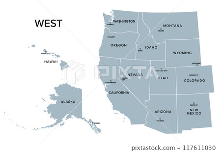 West, census region of the United States of America, gray political map of census region 4, consisting of 13 single states. Map with geographical borders and capitals. Isolated illustration. 117611030
