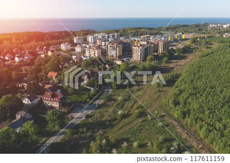 Baltic sea beach with Svetlogorsk town. Aerial view 117611159