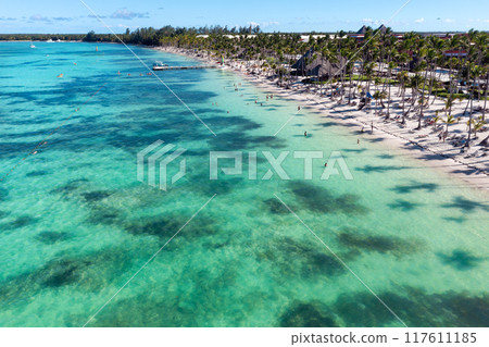 Tropical beach with resorts, palm trees and caribbean sea. Dominican Republic. Aerial view Tropical beach with resorts, palm trees and caribbean sea. Dominican Republic. Aerial view 117611185