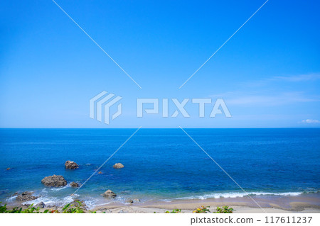 View of the coast and beach of Iwagasaki, Murakami City from the train window, Sea of Japan, Gourmet train View of the coast and beach of Iwagasaki, Murakami City from the train window, Sea of Japan, Gourmet train 117611237