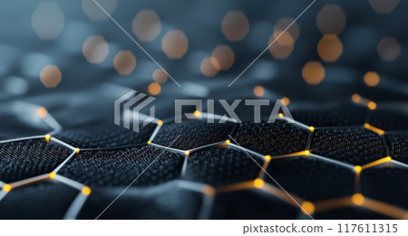 Close-up view of a honeycomb pattern with glowing edges in a dark setting 117611315