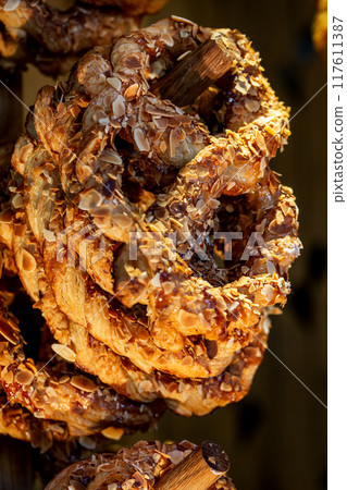 Fresh handmade pretzels on sale 117611387