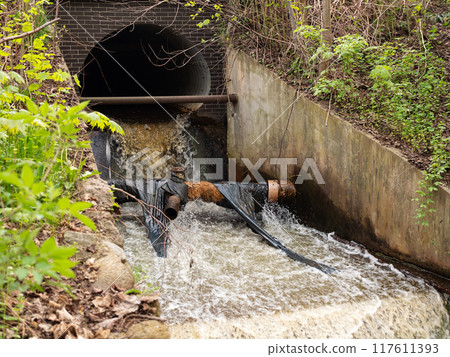Dirty water flow from pipe. Water discharge. Ecology and environment pollution concept Dirty water flow from pipe. Water discharge. Ecology and environment pollution concept 117611393
