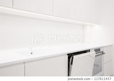 Modern white kitchen interior with acrylic countertop and built in stone sink and opened door of washing machine Modern white kitchen interior with acrylic countertop and built in stone sink and opened door of washing machine 117611457