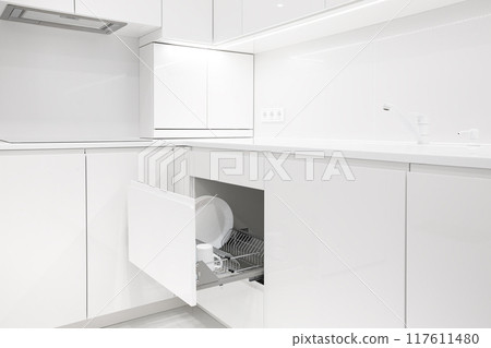 Open kitchen drawer with metal dish dry rack Open kitchen drawer with metal dish dry rack 117611480
