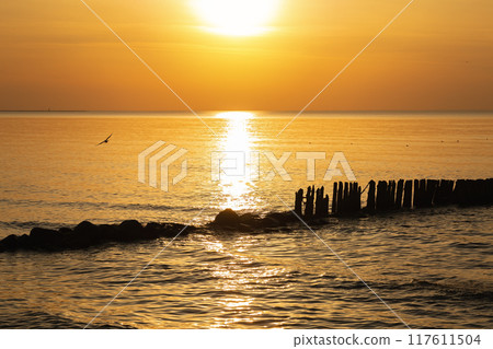 Sunset at Baltic sea, seascape with breakwaters 117611504