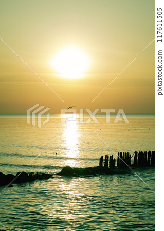 Sunset at Baltic sea, seascape with breakwaters 117611505