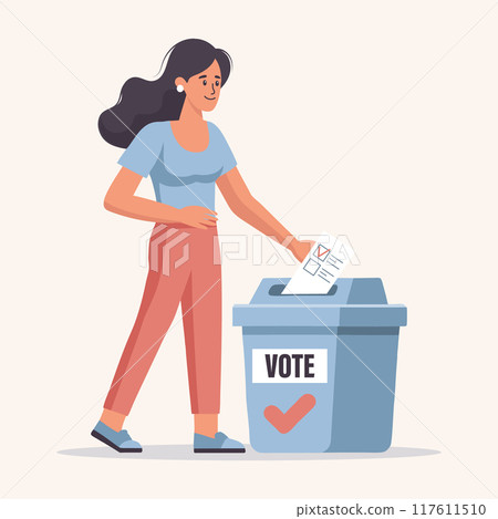 Woman putting Vote ballot paper in a voting box. Election campaign concept. Flat style illustration 117611510