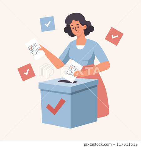 Woman putting Vote ballot paper in a voting box. Election campaign concept. Flat style illustration 117611512