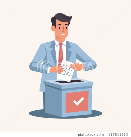 Man putting Vote ballot paper in a voting box. Election campaign concept. Flat style illustration 117611513