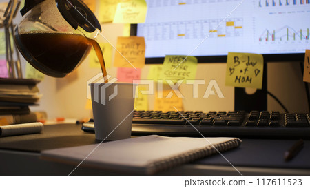 Hand of a man filling a cup with coffee while using a computer, surrounded by sticky notes at his desk, evening work 117611523