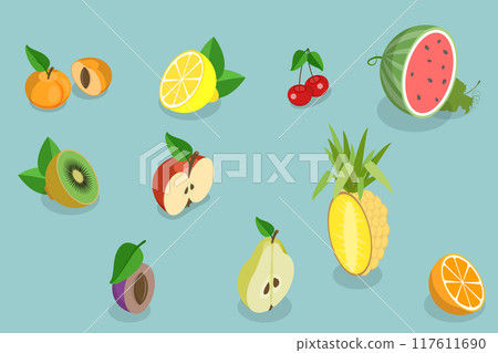 3D Isometric Flat Vector Set of Fruits, Tasty and Healthy Nutrition 3D Isometric Flat Vector Set of Fruits, Tasty and Healthy Nutrition 117611690
